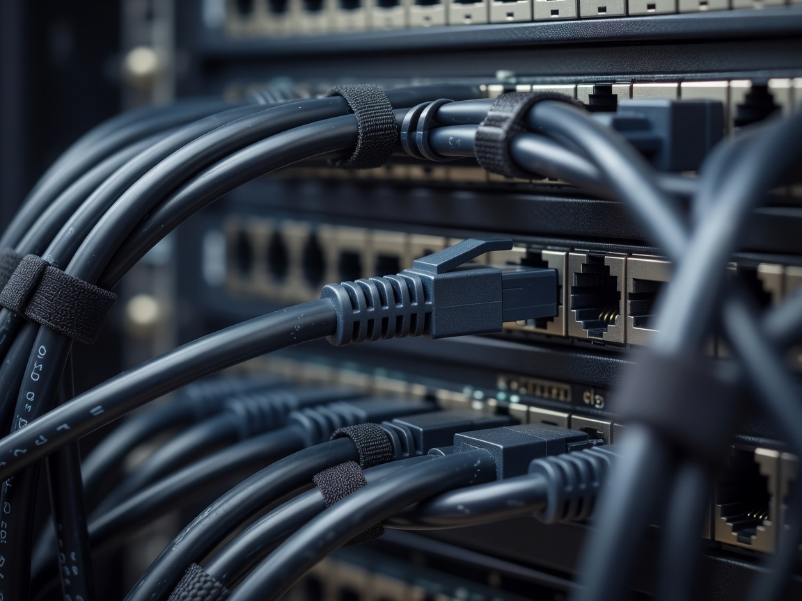 Macro detail of an ethernet cable firmly plugged into a secure port