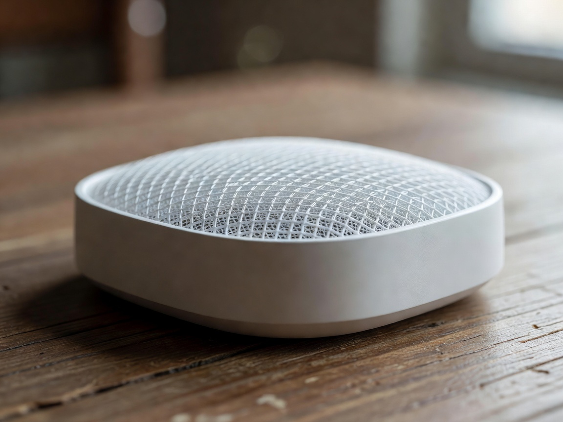 Macro shot of a sleek white mesh network node standing on a wooden table